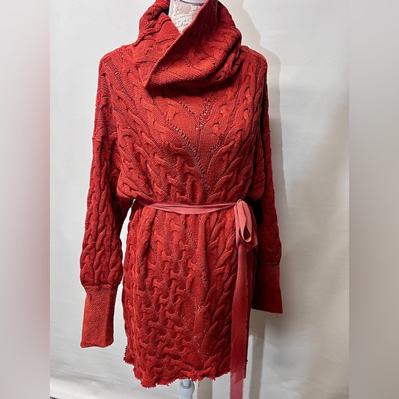 FREE PEOPLE Rust red cable knit turtleneck‎ sweater dress size S - Picture 8 of 14